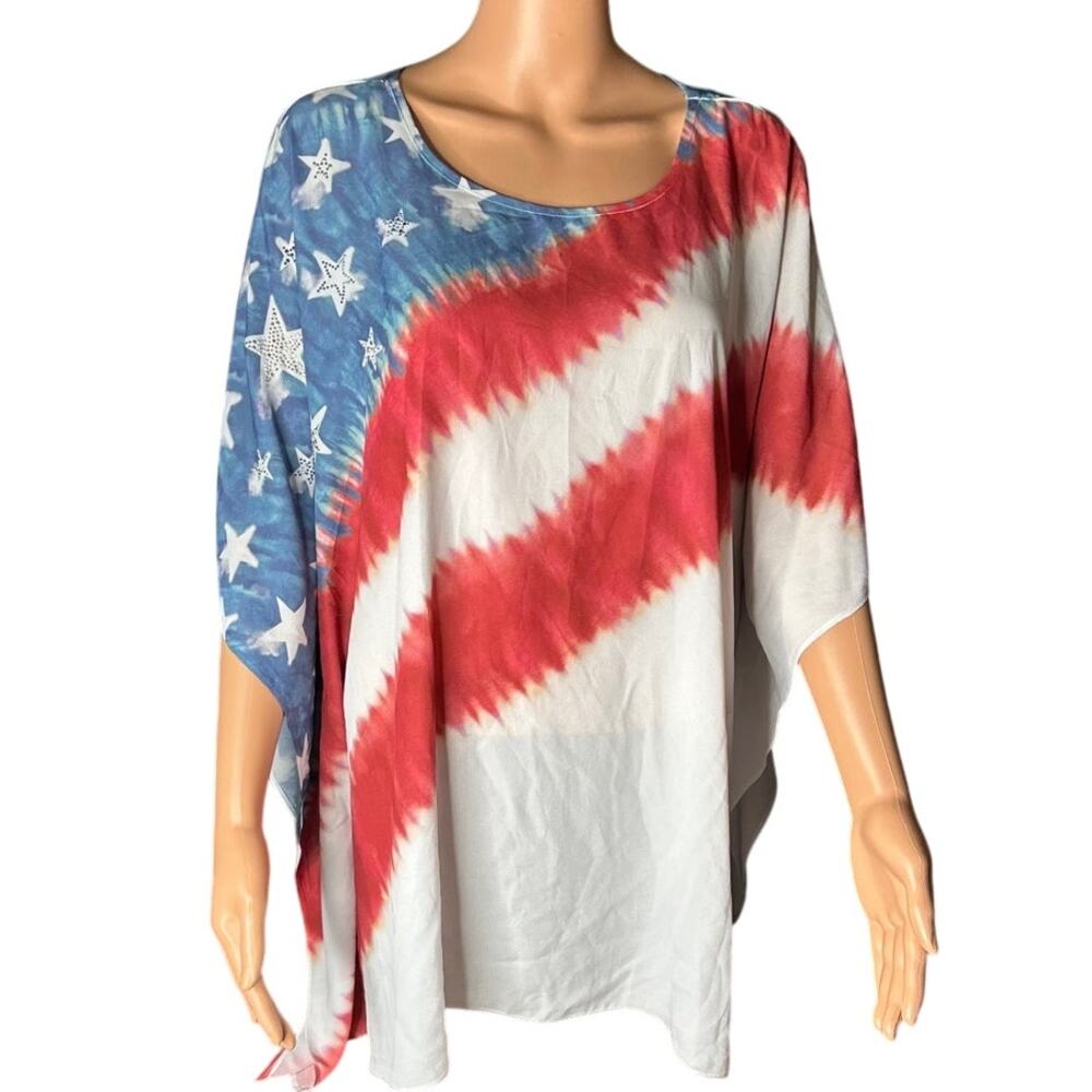 Cloth & Portrait Oversized red white blue tie dyed American flag blouse sz xl